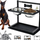 Dog drinking from a stainless steel elevated double feeder in the kitchen