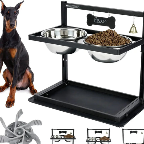 Dog drinking from a stainless steel elevated double feeder in the kitchen