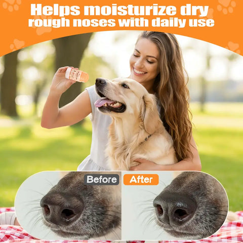 Before and after results of using daily moisturizing paw and nose balm on a dog's dry rough nose.