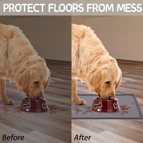 Before and after comparison showing a golden retriever eating to demonstrate how the pet mat protects hardwood floors from messy spills.