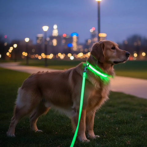 Dog wearing a green LED leash in a park with city lights.
