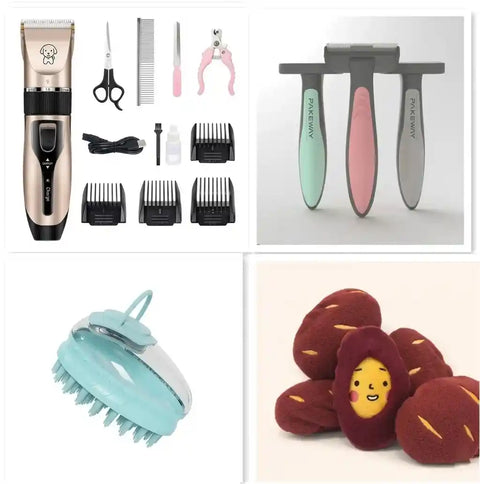 Full pet grooming kit with cordless clippers, deshedding brushes, bath massager, and plush toys.