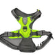 Dog harness with green front panel and black back on white background.