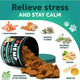 Artullano Hemp Calming Chews for dogs showing natural ingredients including L-Tryptophan, Turmeric, Passion Flower, Valerian Extract, Ginger, and Hemp Oil.