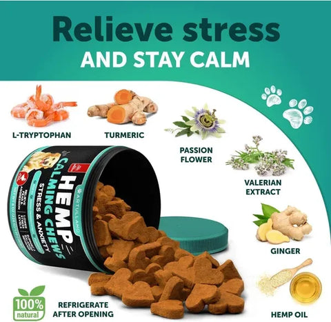 Artullano Hemp Calming Chews for dogs showing natural ingredients including L-Tryptophan, Turmeric, Passion Flower, Valerian Extract, Ginger, and Hemp Oil.