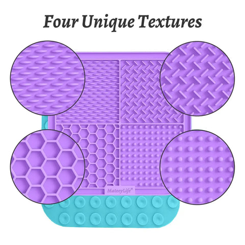 Infographic highlighting the four unique surface textures of the MateeyLife silicone pet mat.