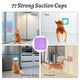 Infographic demonstrating a MateeyLife silicone pet licking mat sticking to glass, tiles, stainless steel, and hardwood surfaces using 77 strong suction cups.