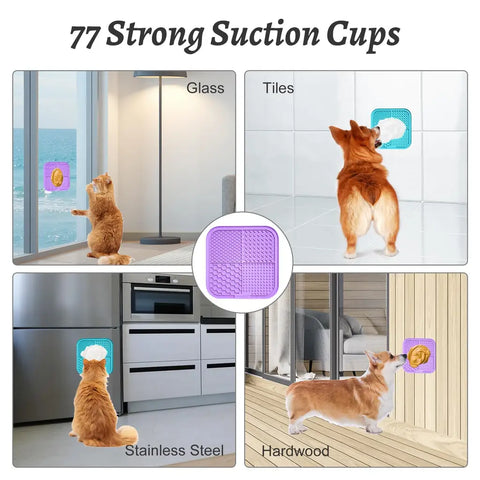 Infographic demonstrating a MateeyLife silicone pet licking mat sticking to glass, tiles, stainless steel, and hardwood surfaces using 77 strong suction cups.