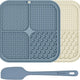 Dark blue and beige  silicone dog lick pads with an included application spatula