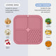 Infographic showing suitable foods for a textured pink dog lick mat including peanut butter, yogurt, and pumpkin.