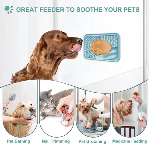 Using a peanut butter dog lick mat as a distraction tool during pet bathing, nail trimming, and grooming.