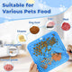 Infographic showing a blue silicone dog licking mat suitable for various pet foods including dog food, canned meat, cheese, and fish.