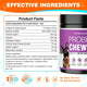 Supplement Product Facts label for dog probiotic chews detailing CFUs, active ingredients, and grain-free, corn-free certifications.