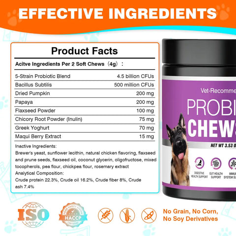 Supplement Product Facts label for dog probiotic chews detailing CFUs, active ingredients, and grain-free, corn-free certifications.