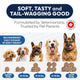 Veterinarian formulated daily dosage chart for dogs based on body weight ranging from under 10 lbs to over 90 lbs with corresponding soft chew counts.