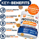 Infographic listing key benefits of Petsology dog probiotics including healthy digestion, gut flora maintenance, gas and diarrhea relief, immune support, and itchy skin relief.