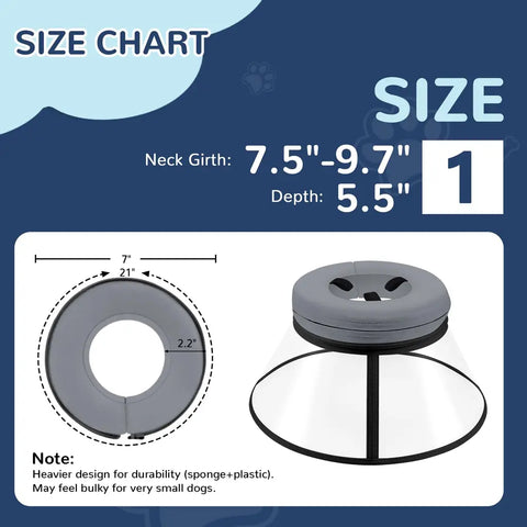 Sizing chart for Size 1 dog recovery collar fitting neck girths from 7.5 to 9.7 inches with a 5.5 inch depth.