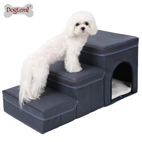 Dog sitting on a pet staircase with a small doghouse attached.