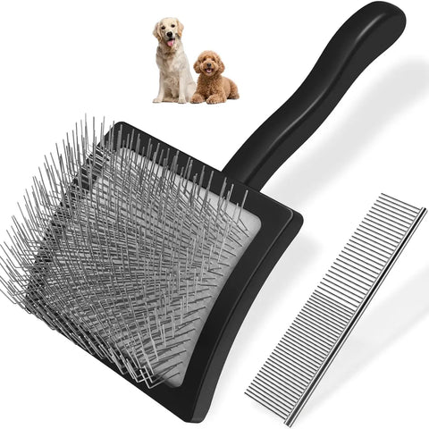 Black slicker brush with curved wire pins and steel pet grooming comb for dogs