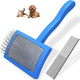 Blue slicker brush for dogs and cats with long bent pins and steel grooming comb