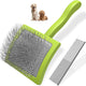 Lime green pet slicker brush with angled wire pins and metal grooming comb