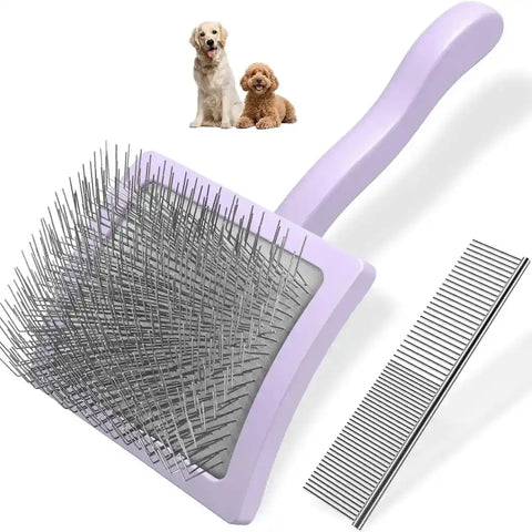 Light purple pet grooming slicker brush with long metal pins and comb