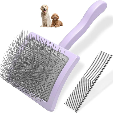 Light purple pet grooming slicker brush with long metal pins and comb
