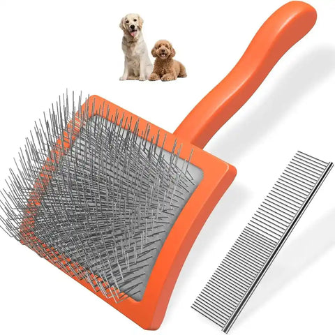 Orange dog slicker brush for mat removal with stainless steel grooming comb