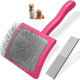 Magenta pink dog slicker brush with angled wire bristles and metal comb