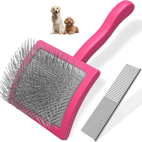 Magenta pink dog slicker brush with angled wire bristles and metal comb