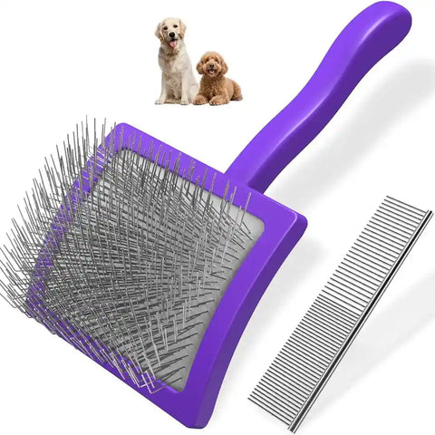 Deep purple pet slicker brush for long-haired dogs with steel comb