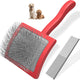 Bright red slicker brush for dog grooming with metal pin bristles and comb