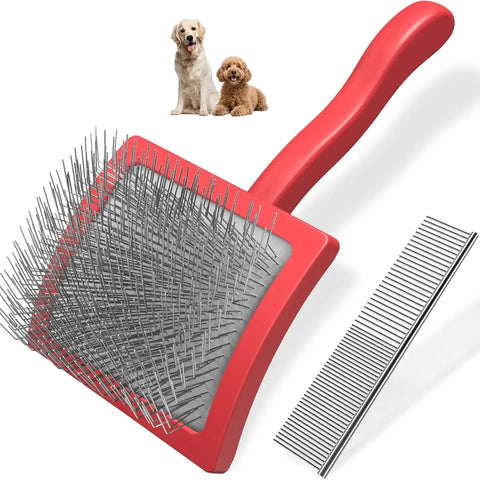 Bright red slicker brush for dog grooming with metal pin bristles and comb