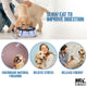 Golden Retriever eating from a snuffle bowl with icons highlighting benefits like slow eating, foraging, stress relief, and energy release.