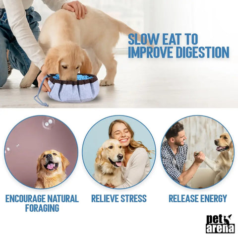 Golden Retriever eating from a snuffle bowl with icons highlighting benefits like slow eating, foraging, stress relief, and energy release.