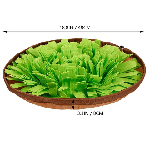 Size dimensions diagram of green dog snuffle mat showing 18.8 inches in diameter and 3.1 inches in height.