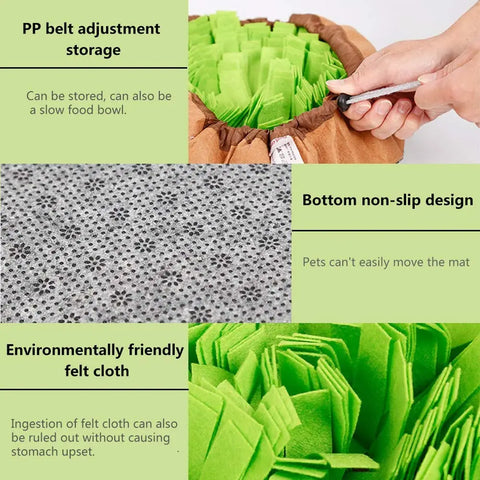 Feature highlights of dog snuffle mat including adjustable drawstring, non-slip bottom grip, and eco-friendly felt cloth material.