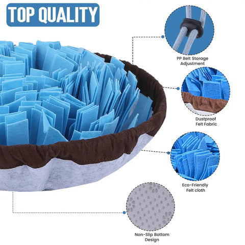 Detailed close-up showing dustproof felt cloth, adjustable drawstring toggle, and non-slip bottom design of the snuffle mat.