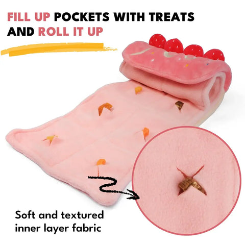 Close-up of the soft and textured inner layer fabric on a pink plush dog snuffle mat with treats hidden inside.