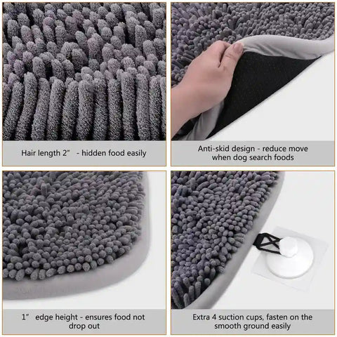 Close-up features of a dog snuffle mat showing 2-inch hair length, anti-skid bottom, edge guard, and suction cups