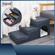 Dog step ladder with pet bed and storage compartment.