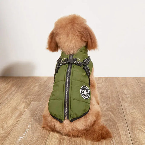 Dog wearing a green puffer vest with a brand logo on a wooden floor.