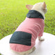 Dog wearing a pink and black outfit sitting on a white surface with grass in the background