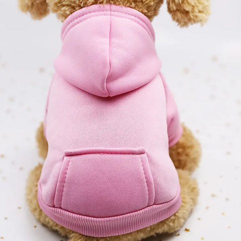 Dog wearing a pink hoodie on a light background