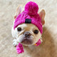 Dog wearing a pink knitted hat with pom-pom on beige background.