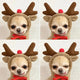 Dog wearing reindeer costume with antlers and red bow tie.