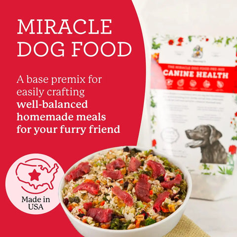 A prepared bowl of Dr. Harvey's Canine Health Miracle Dog Food pre-mix topped with fresh raw meat slices, next to the product packaging.