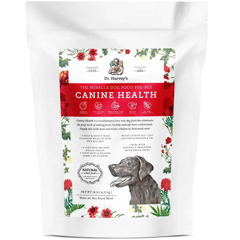 Front packaging of Dr. Harvey's Canine Health Miracle Dog Food Pre-Mix in a 10 lb bag, makes 66 one-pound meals.
