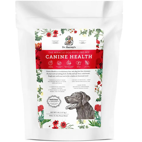 Front packaging of Dr. Harvey's Canine Health Miracle Dog Food Pre-Mix in a 5 lb bag, makes 33 one-pound meals.