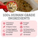 A red measuring scoop filled with Dr. Harvey's 100% human-grade dry dog food pre-mix showing grains, vegetables, and crushed eggshell.